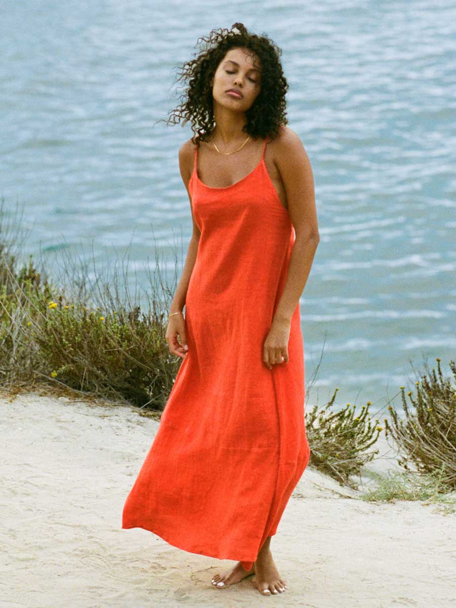 Vitamin A Mari Maxi Dress In Hibiscus Crinkle Linen