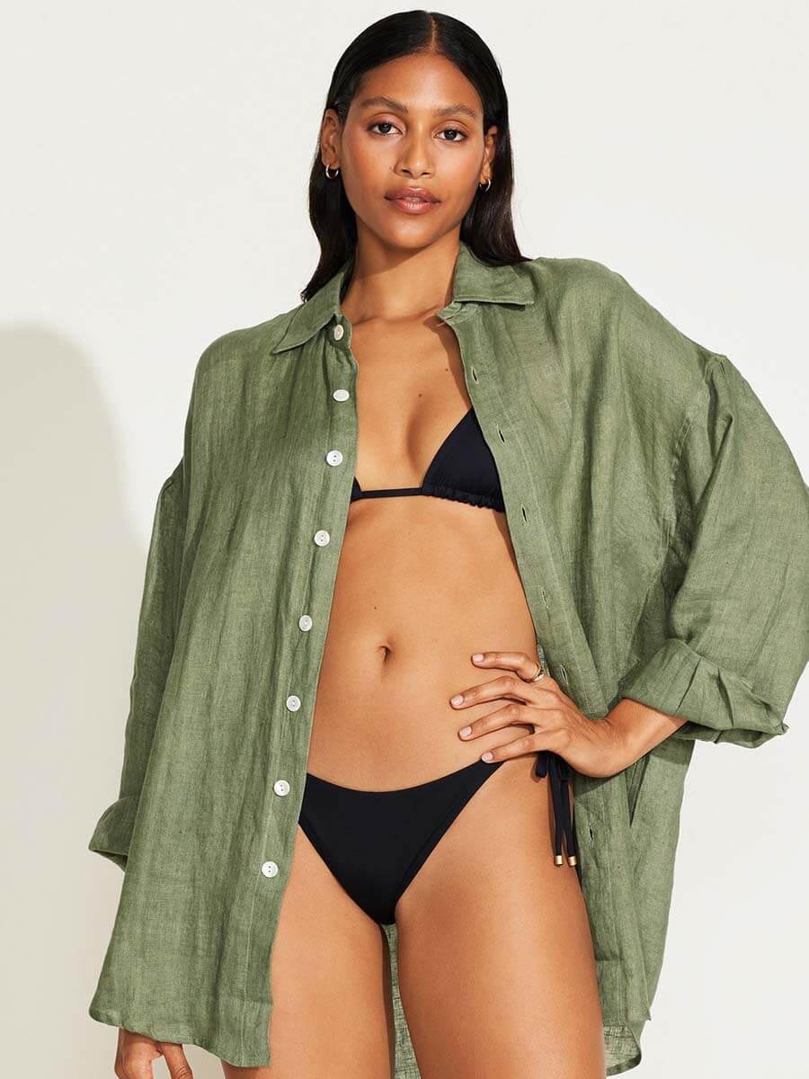 Vitamin A Playa Linen Boyfriend Shirt in Agave EcoLinen