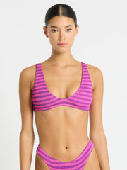 Bond-eye Lurex Scout Crop Top in Cerise Stripe, view 1, click to see full size