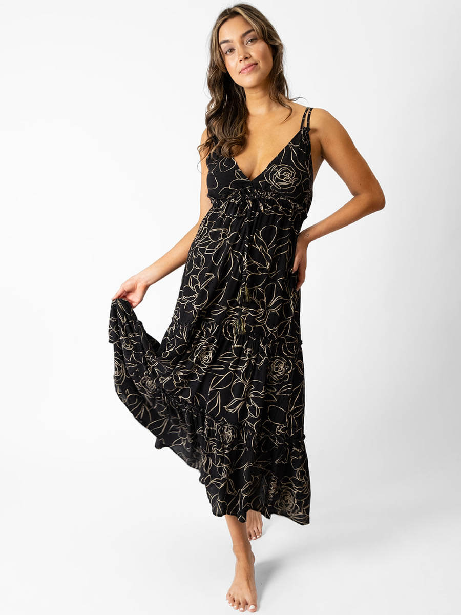 Koy Resort Miami Shine Tiered Maxi Dress in Gold Flower