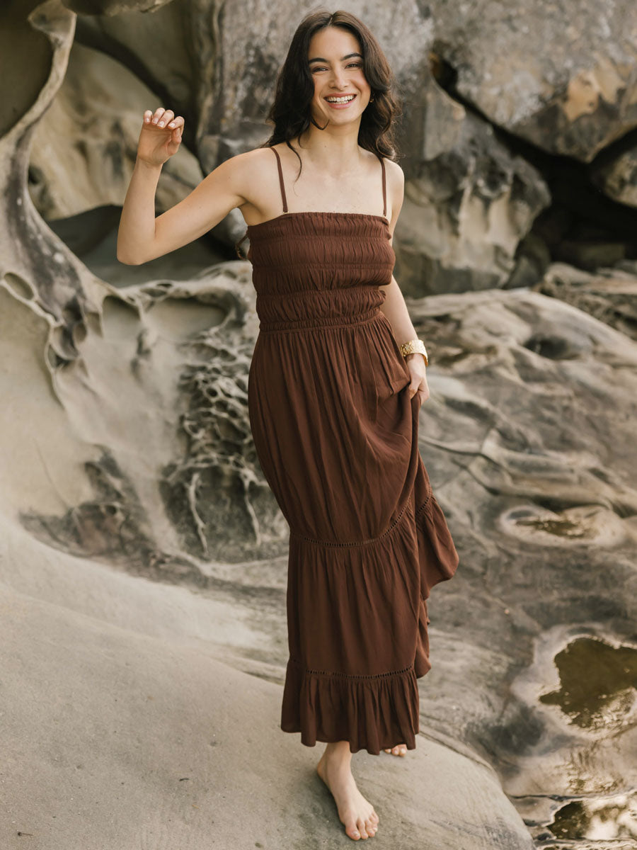 Koy Resort Miami Luxe Smocked Tiered Dress in Espresso