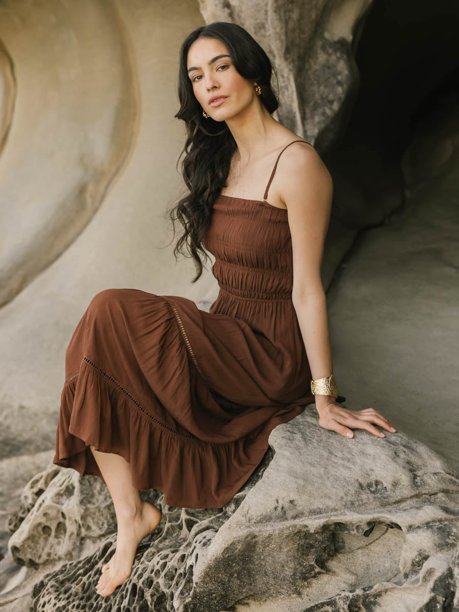 Koy Resort Miami Luxe Smocked Tiered Dress in Espresso