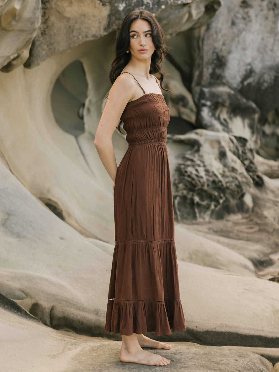 Koy Resort Miami Luxe Smocked Tiered Dress in Espresso