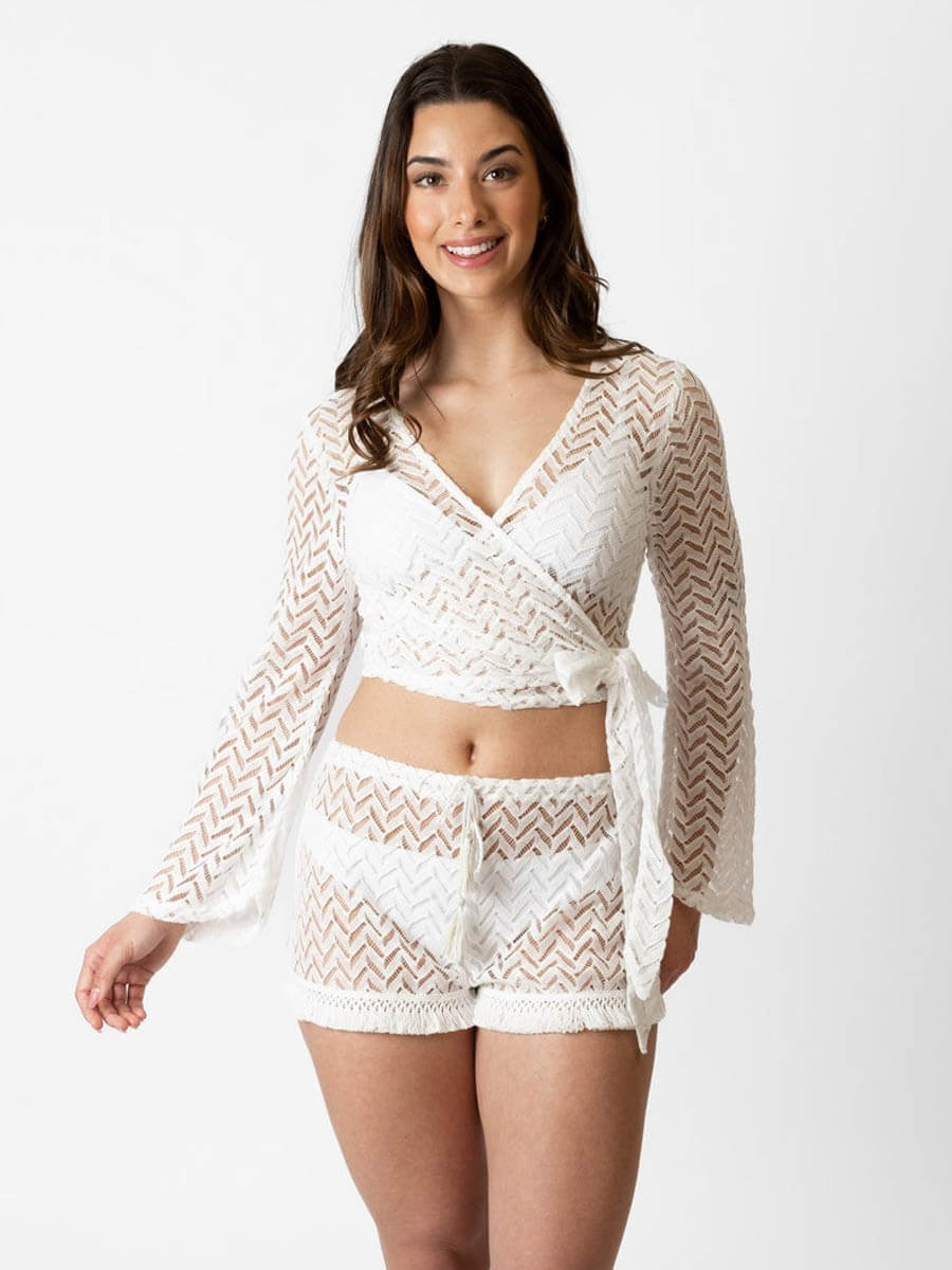 Koy Resort Zuma Crochet Long Sleeve Wrap Top in White