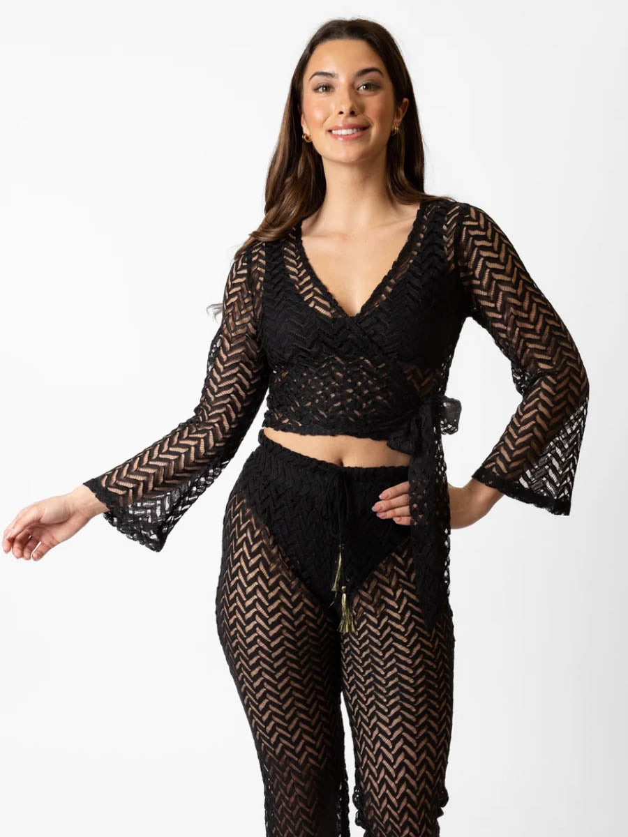 Koy Resort Zuma Crochet Long Sleeve Wrap Top In Black