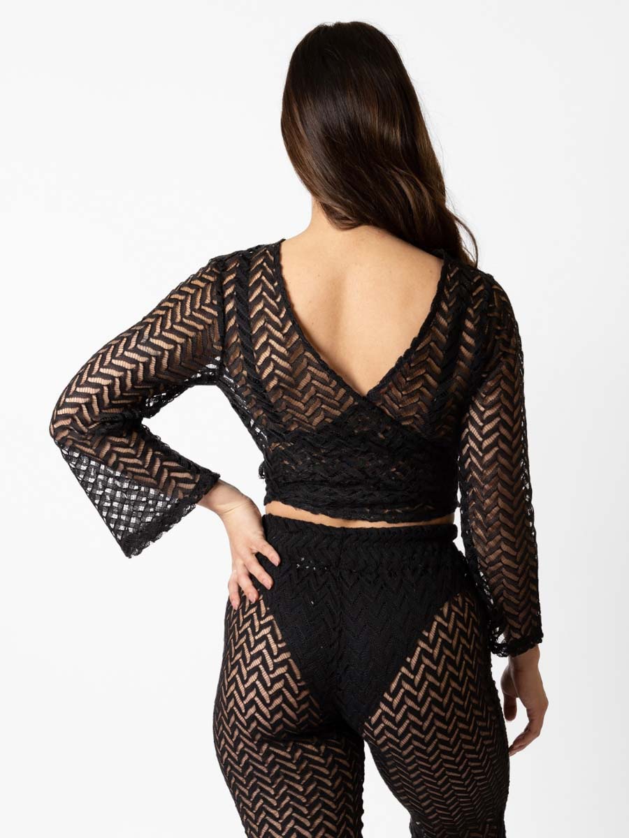Koy Resort Zuma Crochet Long Sleeve Wrap Top In Black