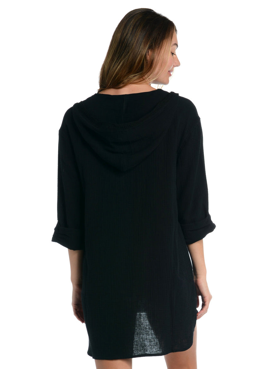 La Blanca Hooded Tunic Kangaroo Pocket in Black