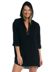 La Blanca Hooded Tunic Kangaroo Pocket in Black, view 3, click to see full size