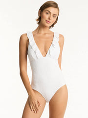 Sea Level Interlace Frill One Piece in White, view 1, click to see full size