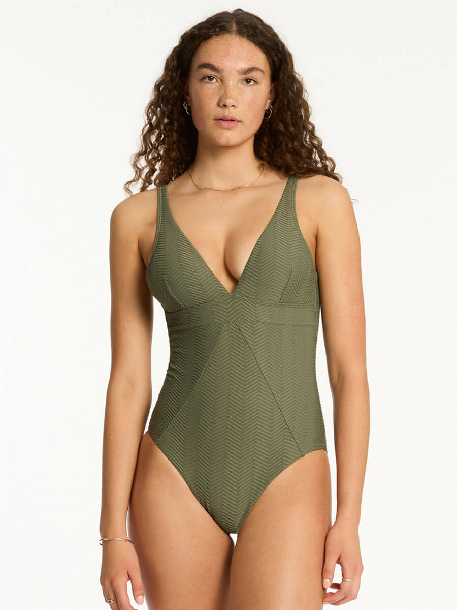 Sea Level Scoop Back Panel Line One Piece in Khaki