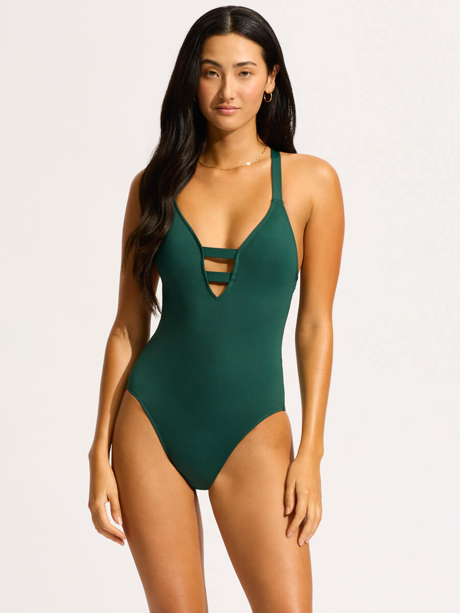 Seafolly SF Collective Deep V One Piece in Evergreen