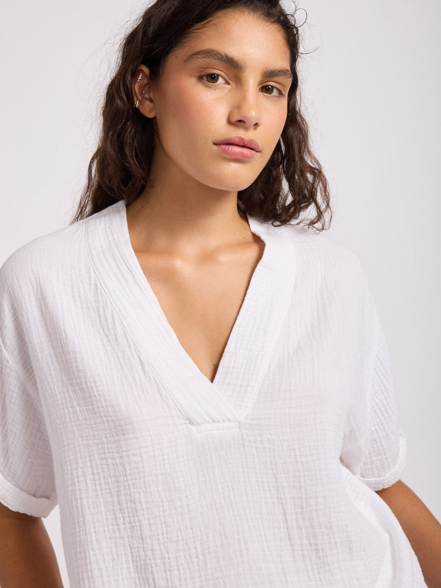 Double Gauze V-Neck Top in White