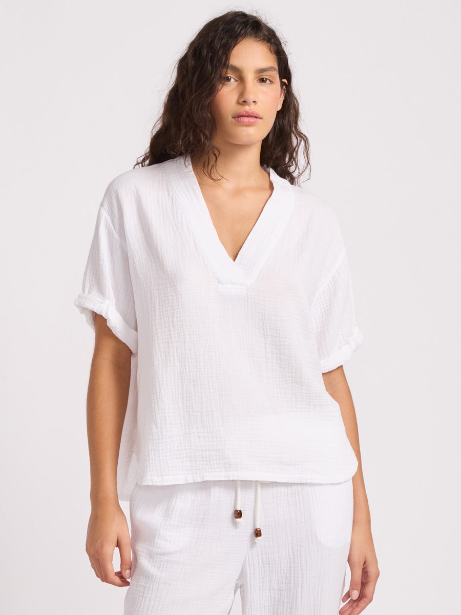 Double Gauze V-Neck Top in White