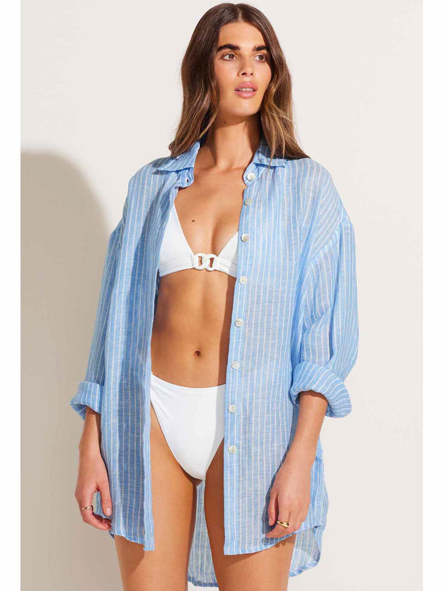 Vitamin A Playa Linen Boyfriend Shirt in Summer Stripe Linen