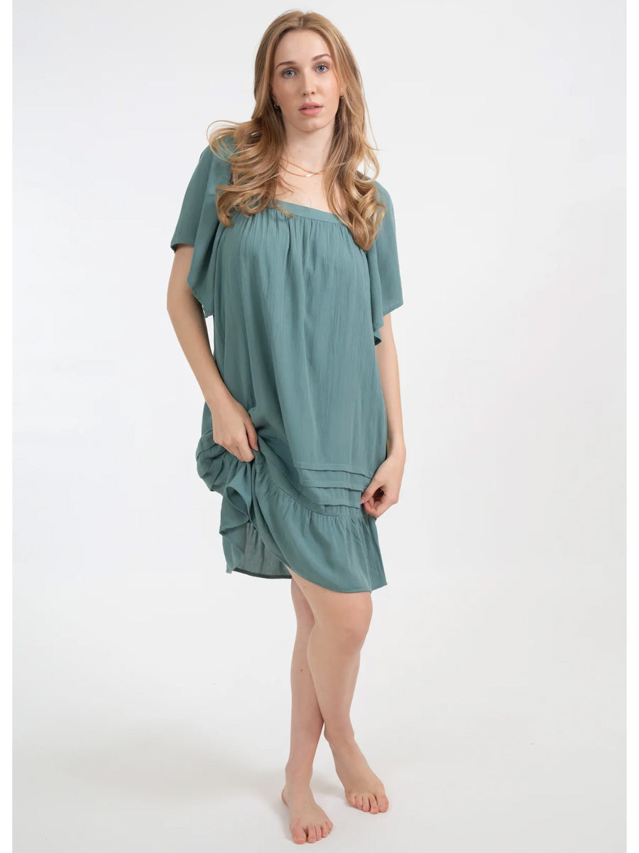Koy Resort Miami Square Neck Short Sleeve Tier Dress in Jade