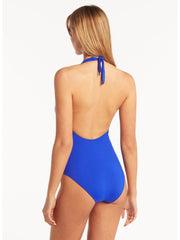 Sea Level Essentials Keyhole Halter One Piece in Cobalt, view 2, click to see full size