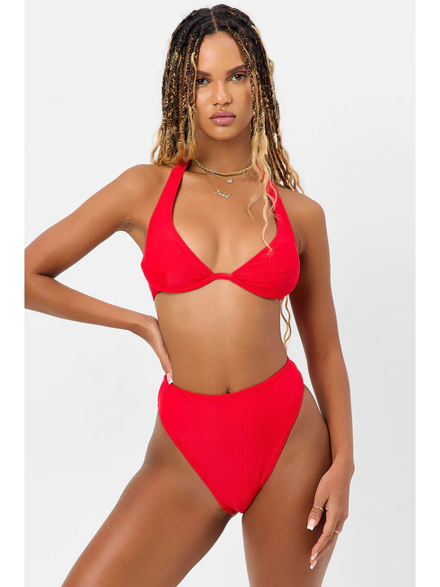 Frankies Bikinis Anne High Waisted Ribbed Bottom In Grenadine