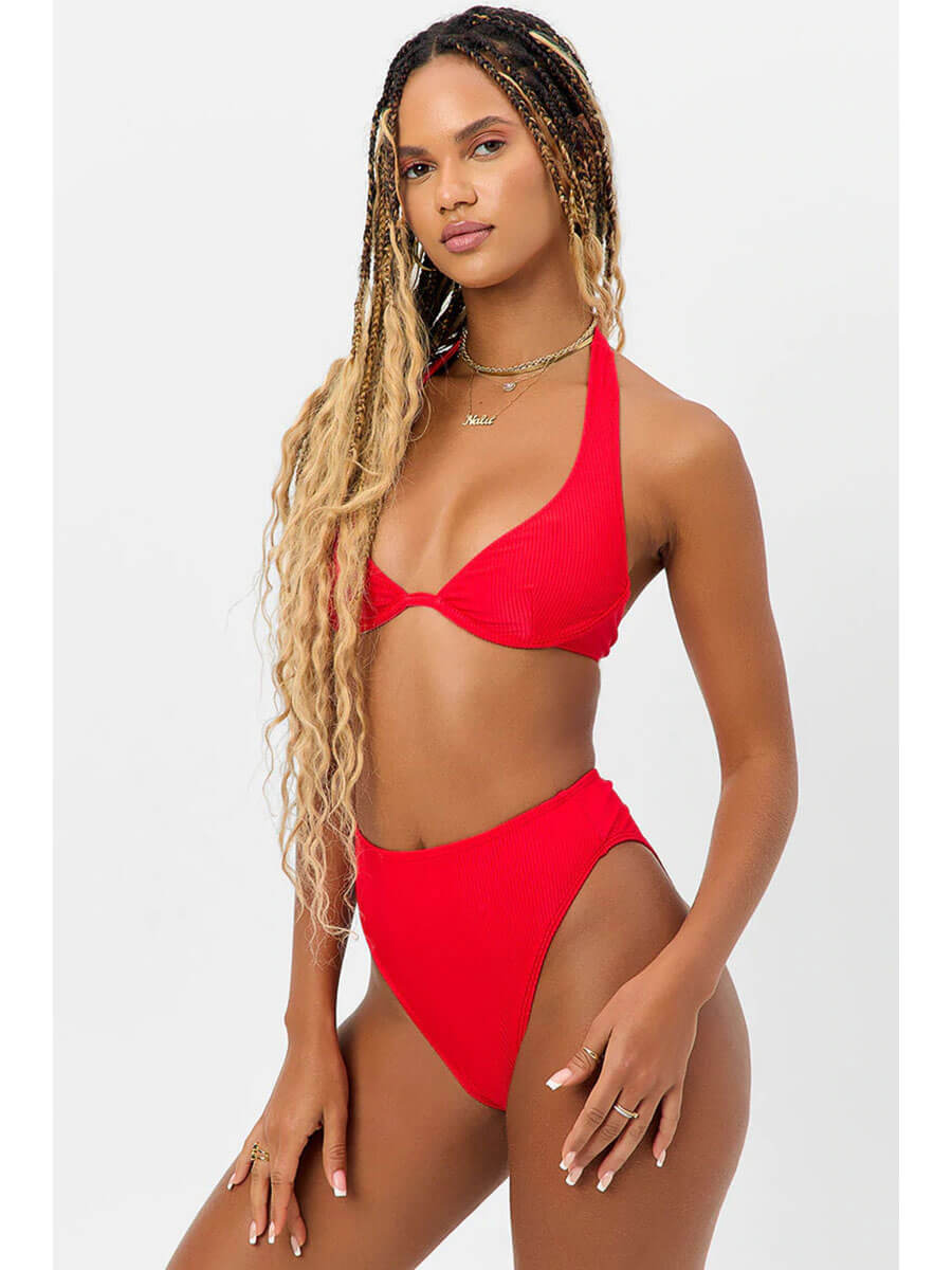 Frankies Bikinis Anne High Waisted Ribbed Bottom In Grenadine