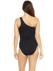 La Blanca Mesh-Merizing Draped One Shoulder One Piece Black, view 2, click to see full size