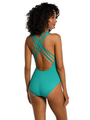 La Blanca Island Goddess Crossback One Piece in Emerald, view 2, click to see full size