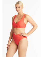 Sea Level Honeycomb Wrap High Waist Bottom In Tangerine, view 3, click to see full size
