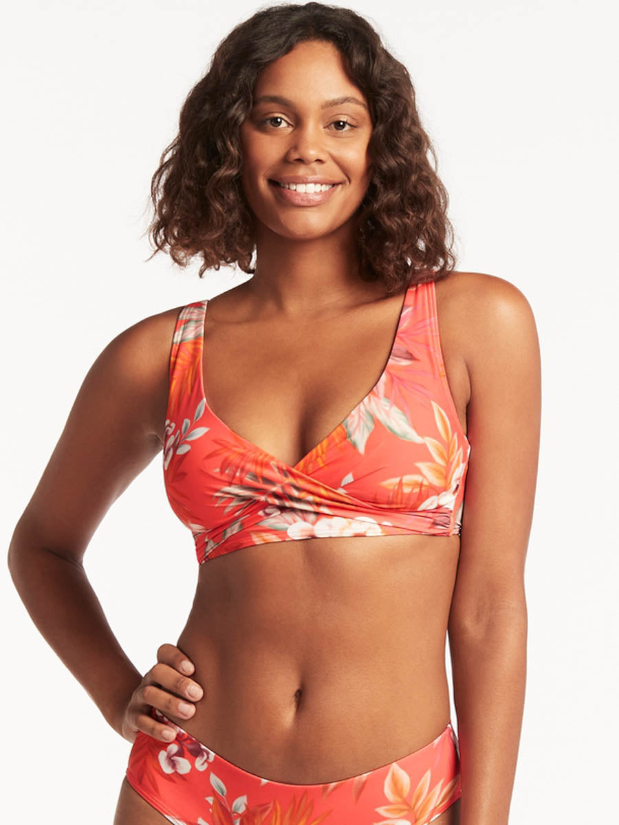 Sea Level Escape Cross Front Multifit Bra Top in Tangerine