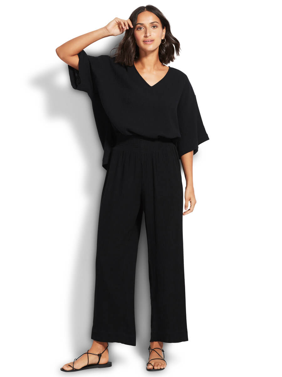 Seafolly Double Cloth Shirring Pant In Black