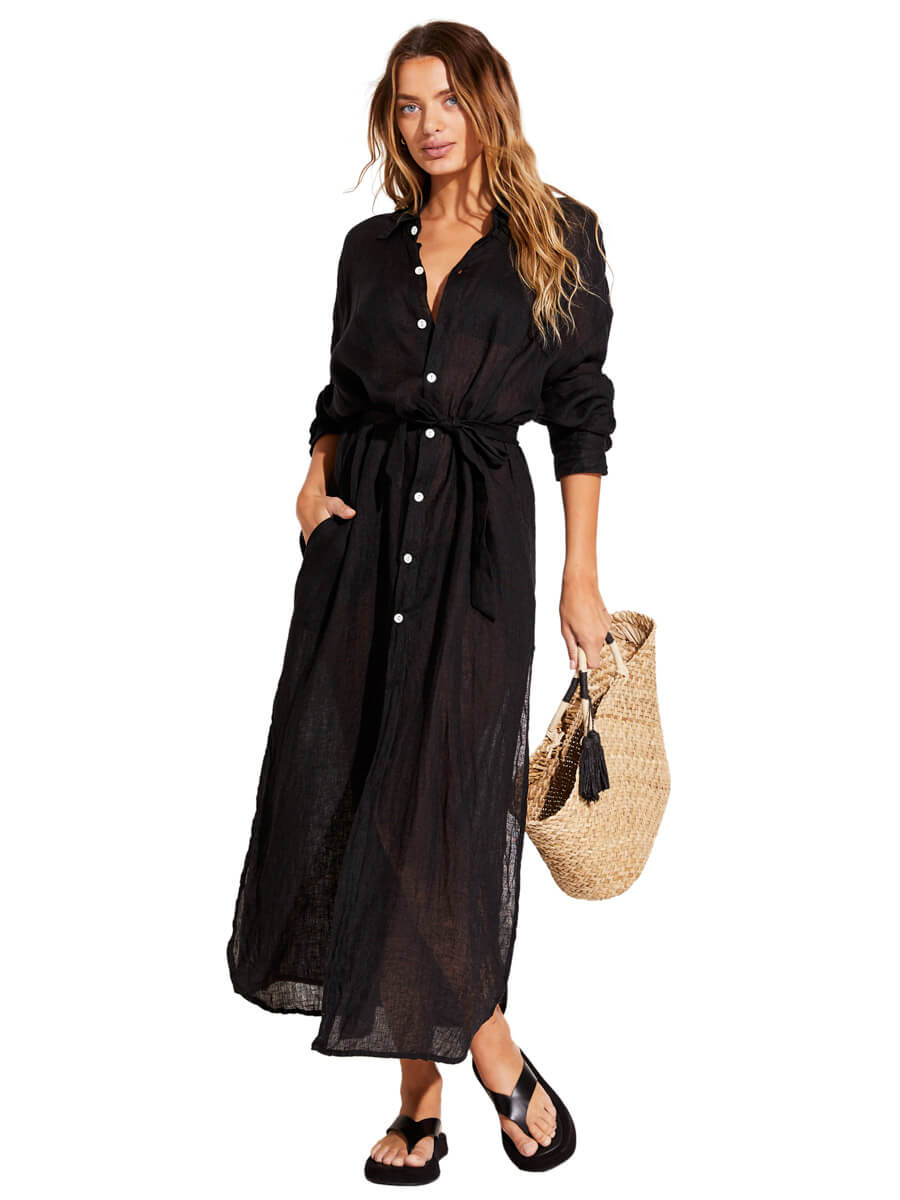 Vitamin A Playa Caftan In EcoLinen Black