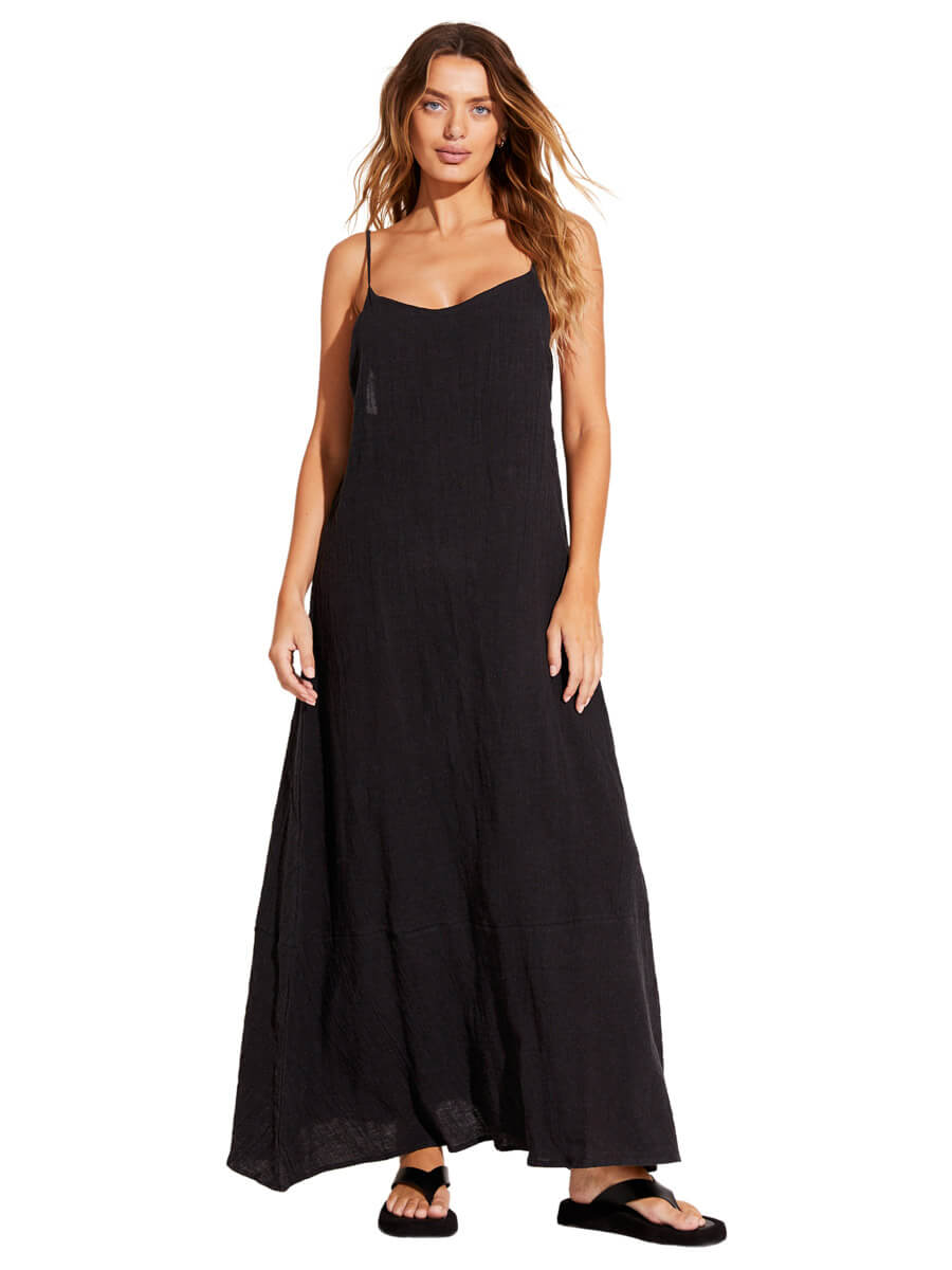 Vitamin A Mari Maxi Dress in Black Crinkle Linen