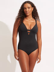 SF Collective Deep V One Piece in Black, view 1, click to see full size