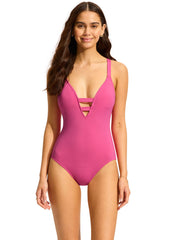 Seafolly SF Collective Deep V One Piece in Hot Pink, view 1, click to see full size