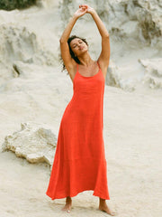 Vitamin A Mari Maxi Dress In Hibiscus Crinkle Linen, view 3, click to see full size