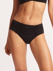 Seafolly SF Collective Gathered Front Retro Bottom in Black, view 1, click to see full size