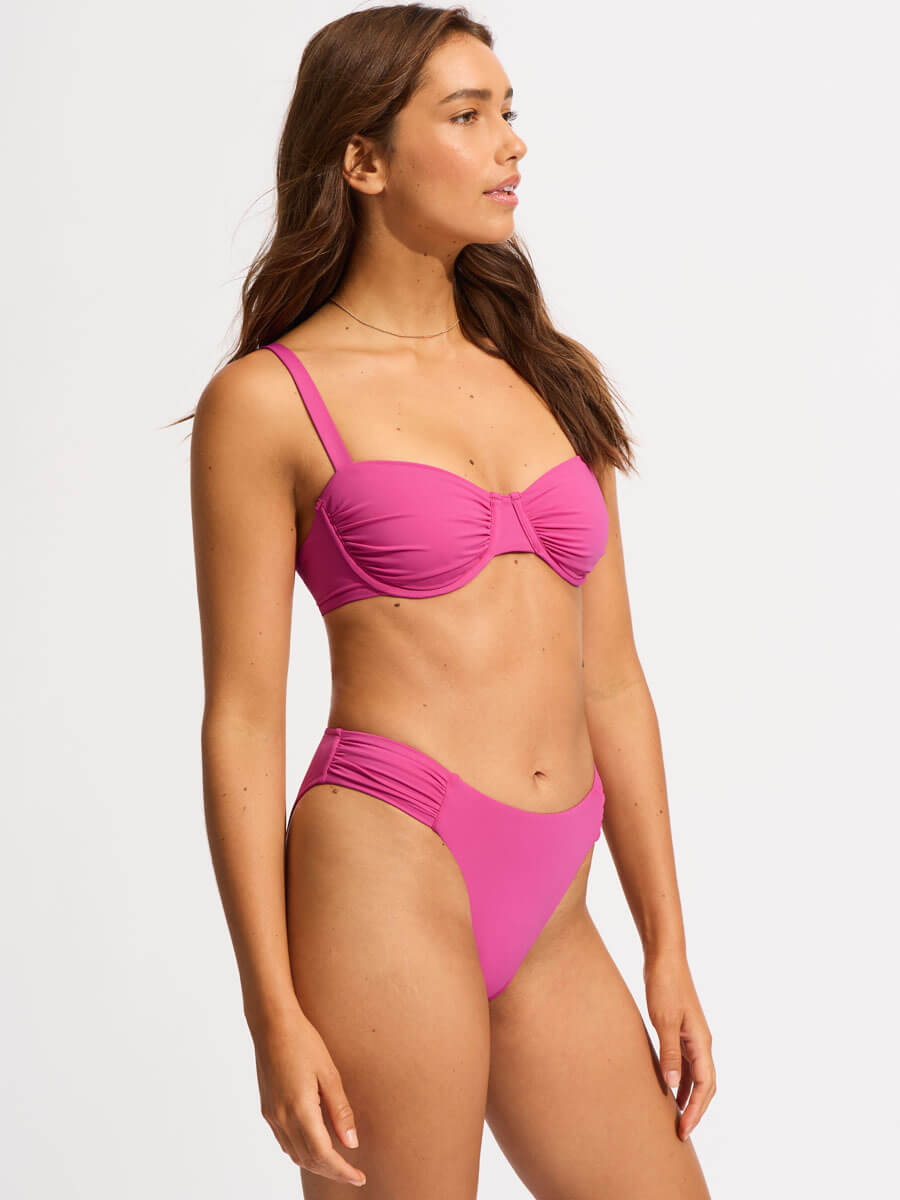 Seafolly High Leg Ruched Side Bottoms in Hot Pink