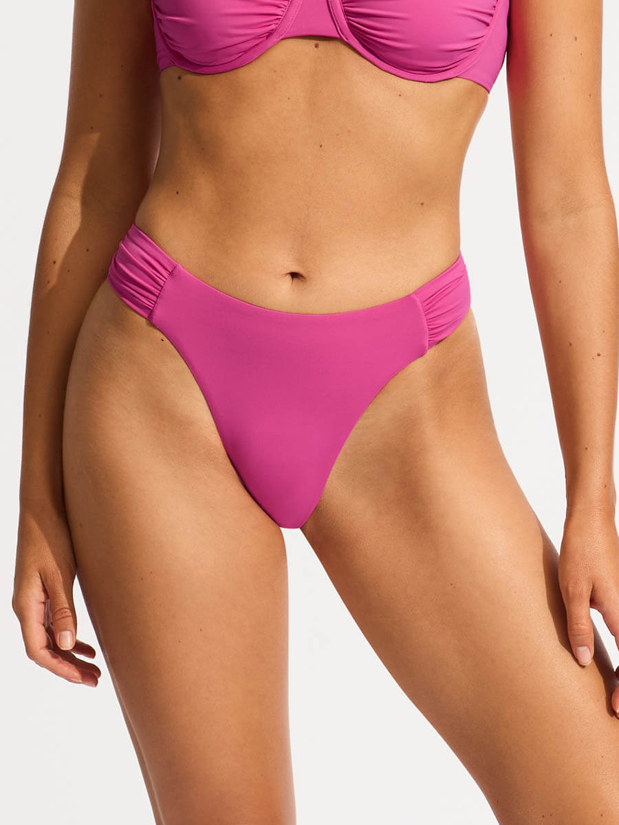 Seafolly High Leg Ruched Side Bottoms in Hot Pink