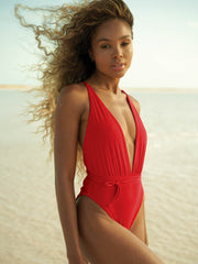 Maaji Safari V Plunge One Piece in Red Camelia, view 1, click to see full size