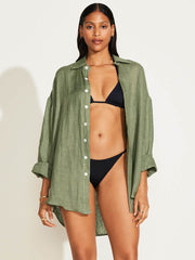 Vitamin A Playa Linen Boyfriend Shirt in Agave EcoLinen, view 1, click to see full size