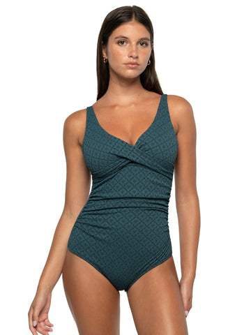 Louise Multifit Ruched Front One Piece in Pine Green