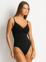 Sea Level Essentials Cross Front Scoop Back One Piece in Black, view 3, click to see full size