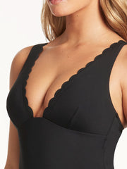 Sea Level Scallop Longline Tri One Piece in Black, view 3, click to see full size