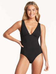 Sea Level Scallop Longline Tri One Piece in Black, view 1, click to see full size