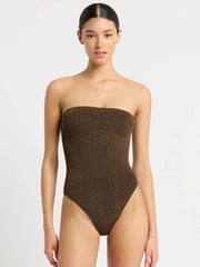 Bond-eye Fane One Piece Bandeau In Cocoa Lurex, view 1, click to see full size