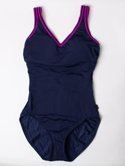 Finz One Piece V Neck V Back In Navy/Purple, view 2, click to see full size