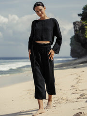 Handloom Paloma Paper Bag Pants In Black, view 3, click to see full size