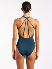 Jets Halter Plunge One Piece In Midnight Teal, view 2, click to see full size