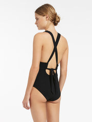 Jets Jetset Plunge Tie Back One Piece in Black, view 2, click to see full size