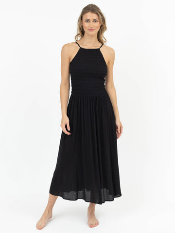 Miami Luxe Hi Neck Midi Dress in Black
