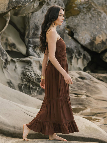 Koy Resort Miami Luxe Smocked Tiered Dress in Espresso