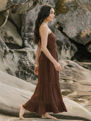 Koy Resort Miami Luxe Smocked Tiered Dress in Espresso, view 2, click to see full size