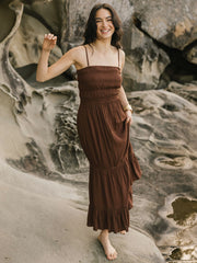 Koy Resort Miami Luxe Smocked Tiered Dress in Espresso, view 1, click to see full size